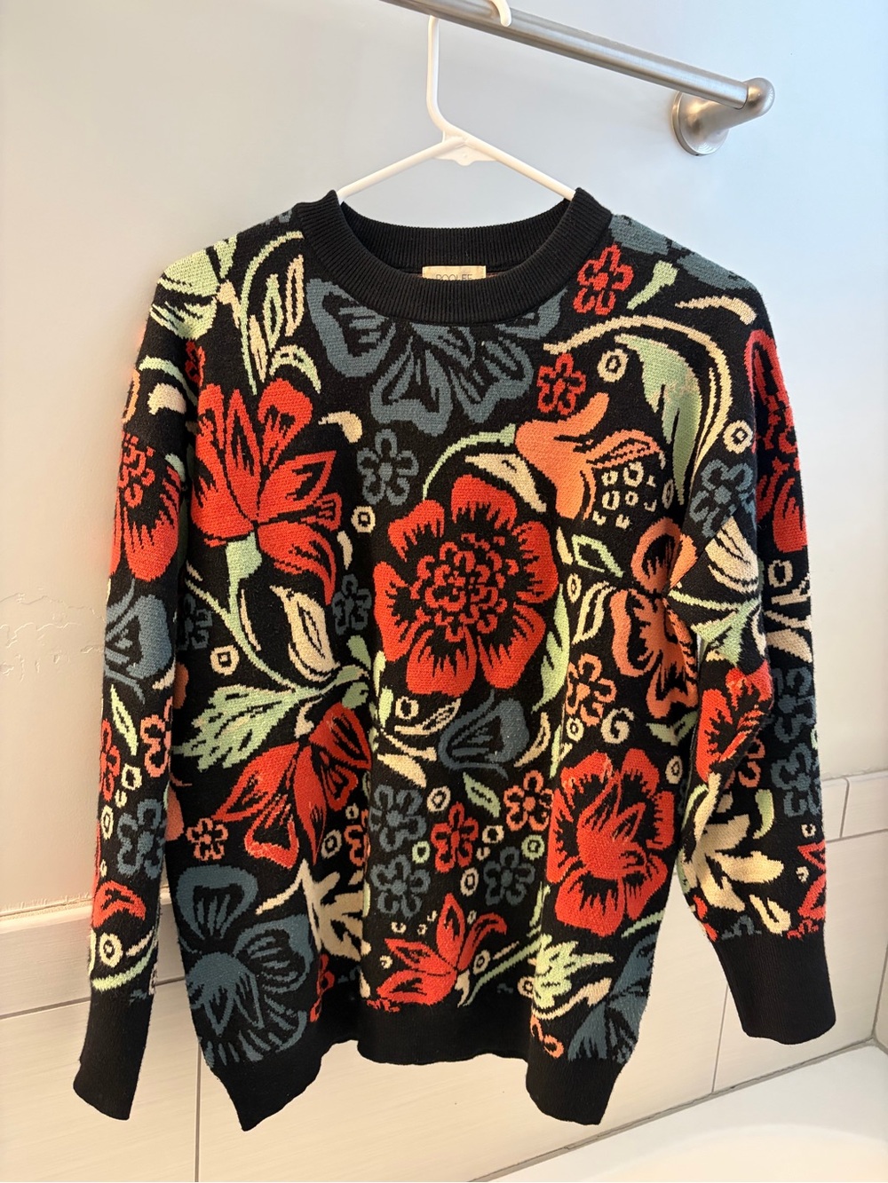 Roolee Black Crewneck Sweater with Red Floral Pattern